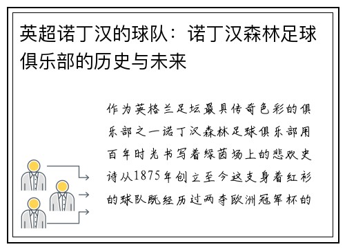 英超诺丁汉的球队：诺丁汉森林足球俱乐部的历史与未来